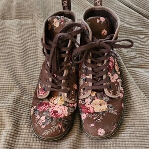 Dr. Martens Brown and Pink Floral Combat Boots Fabric Material